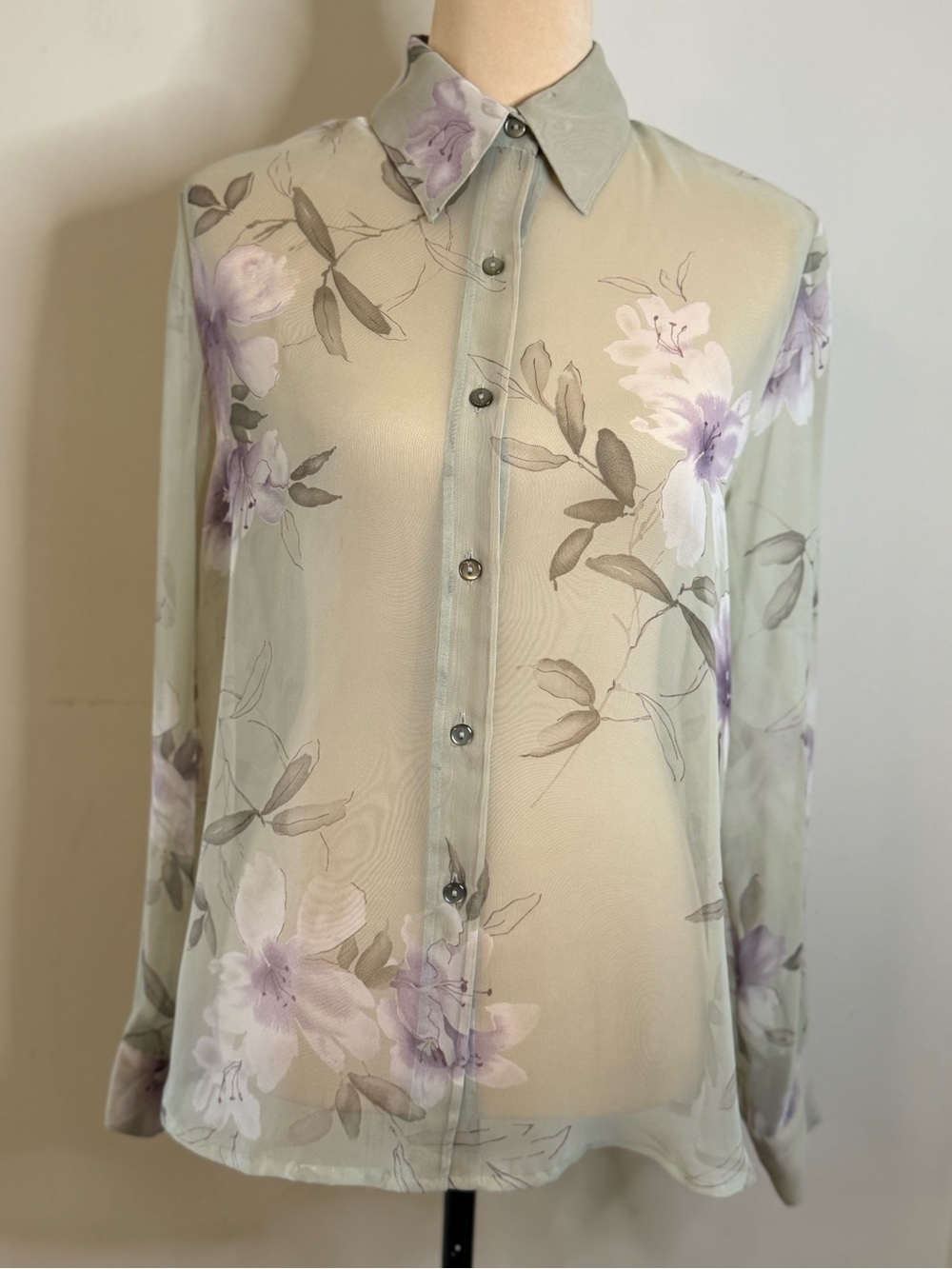 Notations sheer floral button up blouse green purple white SZ SM